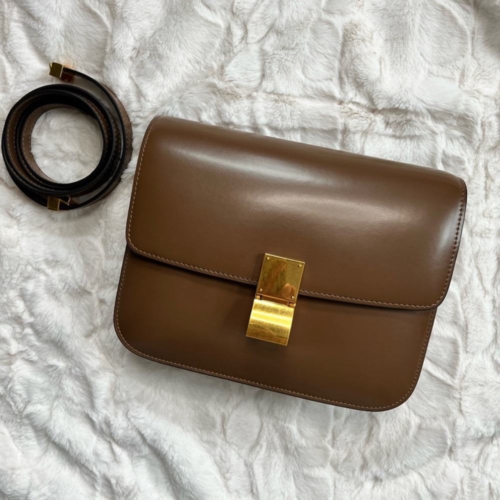 Luxury Brown Box Flap Style Leather Crossbody Bag with Gold Clasp